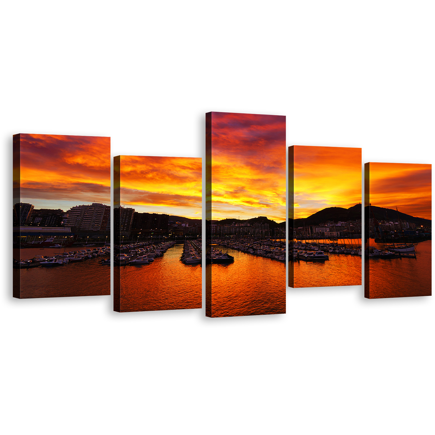 Port Boats Wall Art, Yellow Santurtzi Sunrise Ocean Mountains Canvas Print, Orange Port Ocean 5 Piece Multiple Canvas