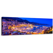 Load image into Gallery viewer, Port Hercules Canvas Print, Blue Monte-carlo And Harbor Panoramic Canvas Art, Yellow Monaco Mediterranean Canals Wall Art
