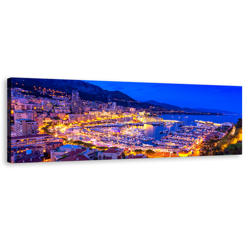 Port Hercules Canvas Print, Blue Monte-carlo And Harbor Panoramic Canvas Art, Yellow Monaco Mediterranean Canals Wall Art