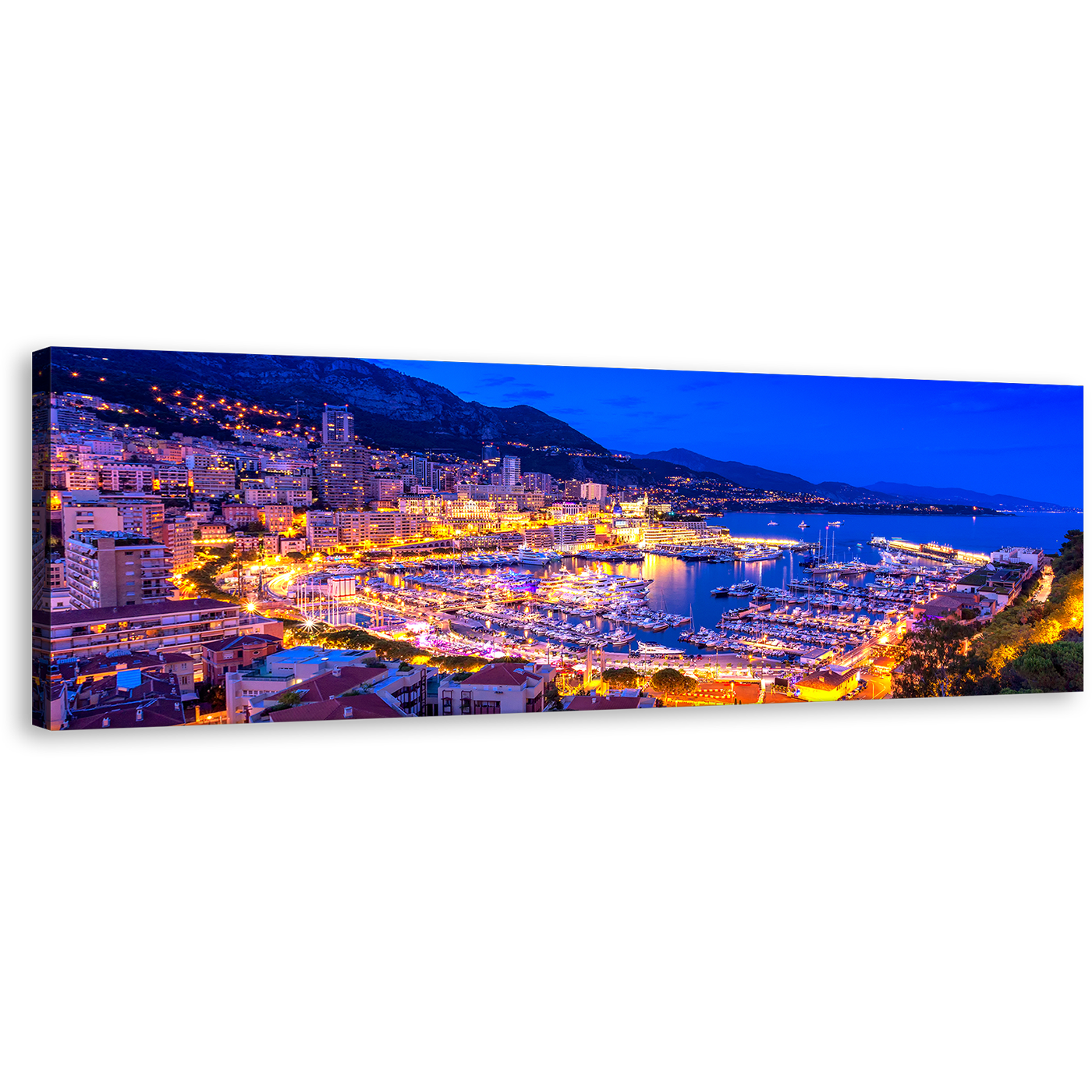 Port Hercules Canvas Print, Blue Monte-carlo And Harbor Panoramic Canvas Art, Yellow Monaco Mediterranean Canals Wall Art