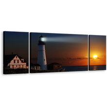 Load image into Gallery viewer, Portland City Canvas Wall Art, Lighthouse Cliff Houses Orange Sunset Canvas Set, White Bright Light 3 Piece Canvas Print
