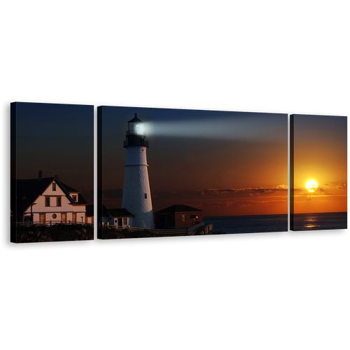 Portland City Canvas Wall Art, Lighthouse Cliff Houses Orange Sunset Canvas Set, White Bright Light 3 Piece Canvas Print