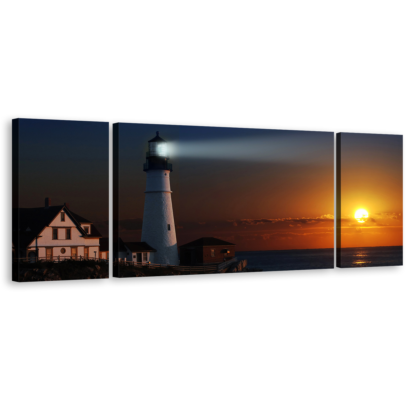 Portland City Canvas Wall Art, Lighthouse Cliff Houses Orange Sunset Canvas Set, White Bright Light 3 Piece Canvas Print