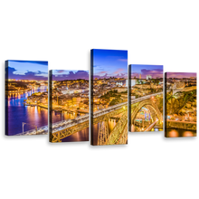 Load image into Gallery viewer, Porto Bridge Wall Art, Amazing Blue City Bridge Canvas Set, Yellow Dom Luis Douro River 5 Piece Canvas Print
