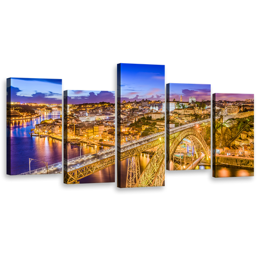 Porto Bridge Wall Art, Amazing Blue City Bridge Canvas Set, Yellow Dom Luis Douro River 5 Piece Canvas Print