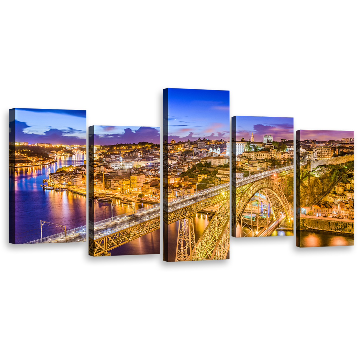 Porto Bridge Wall Art, Amazing Blue City Bridge Canvas Set, Yellow Dom Luis Douro River 5 Piece Canvas Print