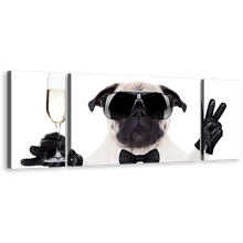 Load image into Gallery viewer, Pug Dog Canvas Print, New Year Dog 3 Piece Canvas Wall Art, White Black Funny Dog Multiple Canvas
