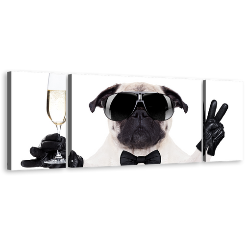 Pug Dog Canvas Print, New Year Dog 3 Piece Canvas Wall Art, White Black Funny Dog Multiple Canvas