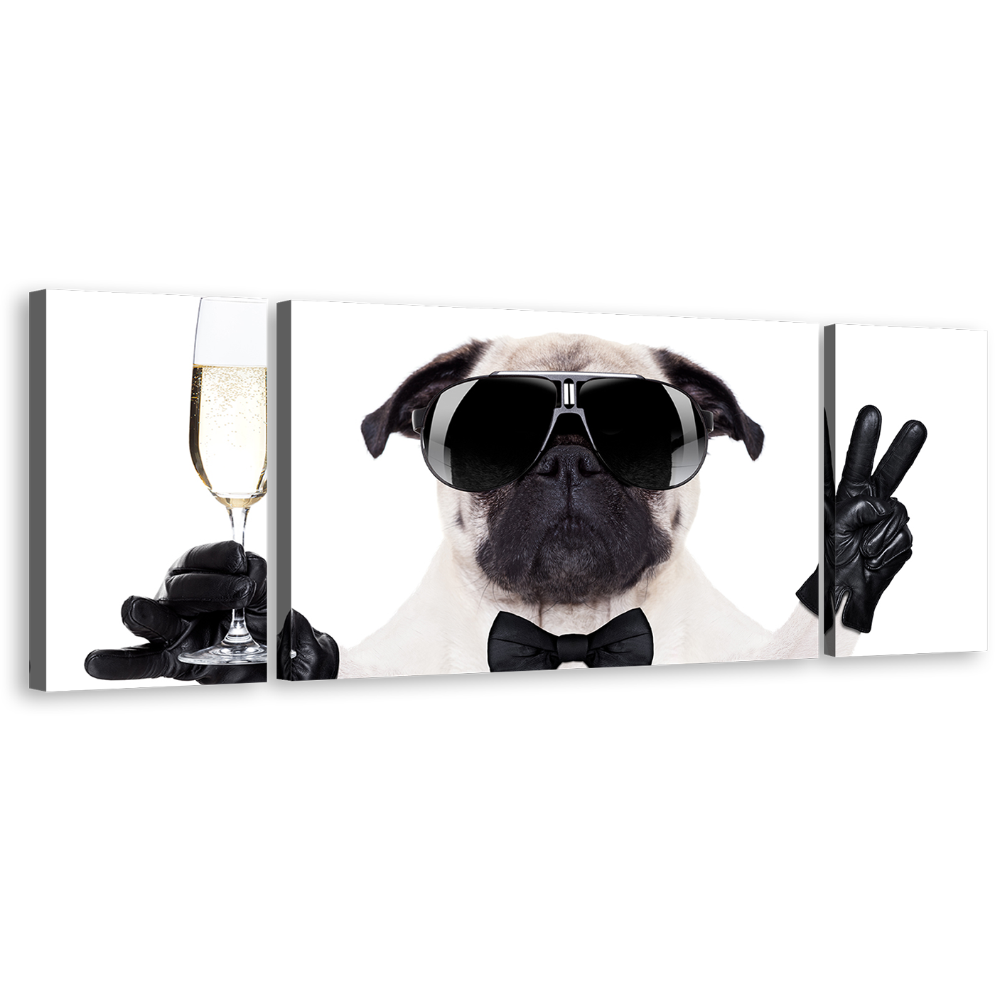 Pug Dog Canvas Print, New Year Dog 3 Piece Canvas Wall Art, White Black Funny Dog Multiple Canvas