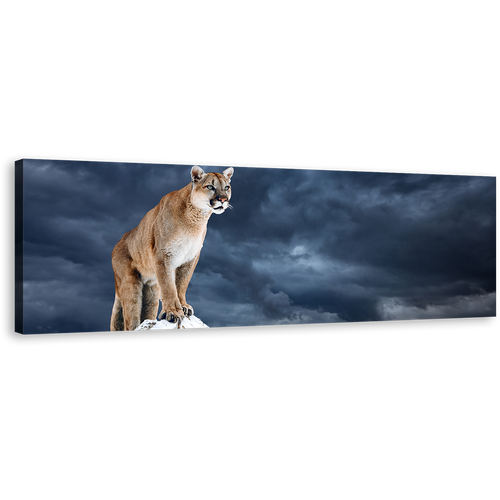 Puma Animal Canvas Wall Art, Brown Panther Animal Panoramic Canvas Print, Cougar White Mountain Sky Canvas Artwork