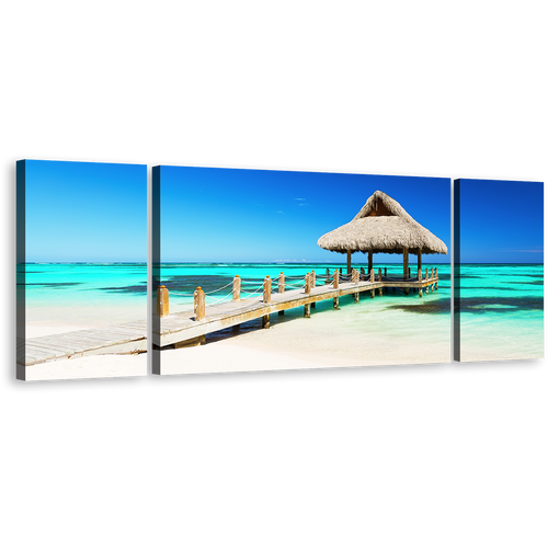 Punta Cana Canvas Wall Art, Gazebo Sea Green Ocean 3 Piece Multiple Canvas, Dominican Republic Blue Ocean Triptych Canvas Print