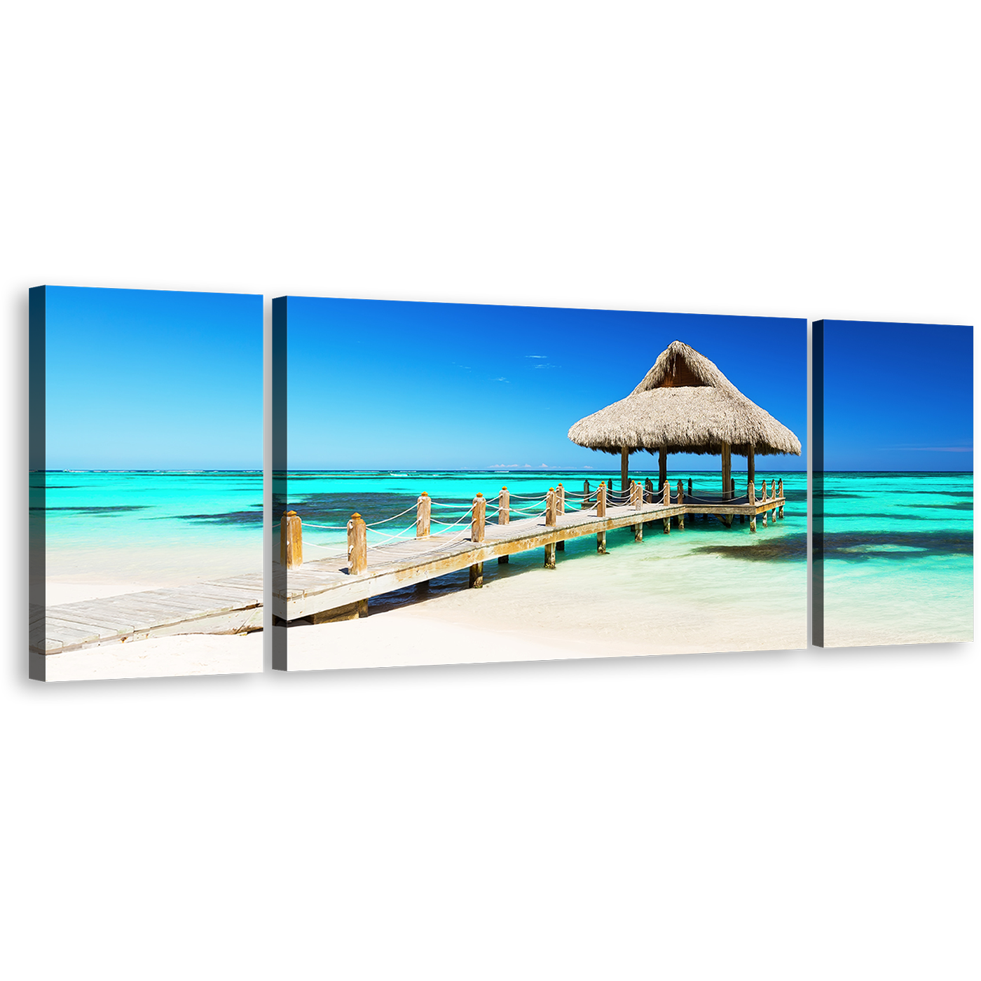 Punta Cana Canvas Wall Art, Gazebo Sea Green Ocean 3 Piece Multiple Canvas, Dominican Republic Blue Ocean Triptych Canvas Print