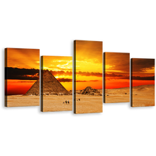 Load image into Gallery viewer, Pyramid Desert Canvas Wall Art, Giza Necropolis Yellow Red Sunset 5 Piece Canvas, Egypt Brown Camel Desert Canvas Print
