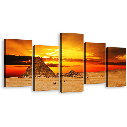 Pyramid Desert Canvas Wall Art, Giza Necropolis Yellow Red Sunset 5 Piece Canvas, Egypt Brown Camel Desert Canvas Print