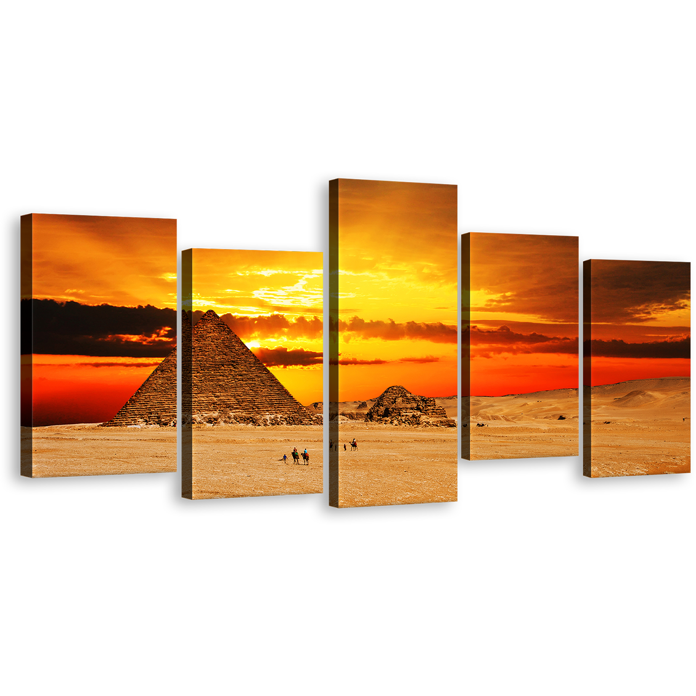 Pyramid Desert Canvas Wall Art, Giza Necropolis Yellow Red Sunset 5 Piece Canvas, Egypt Brown Camel Desert Canvas Print