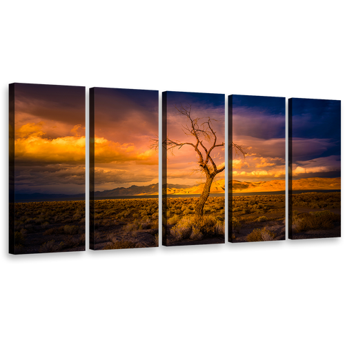 Pyramid Nevada Canvas Wall Art, Yellow Orange Desert Sky 5 Piece Canvas Set, Beautiful Alone Tree at Sunset Canvas Print