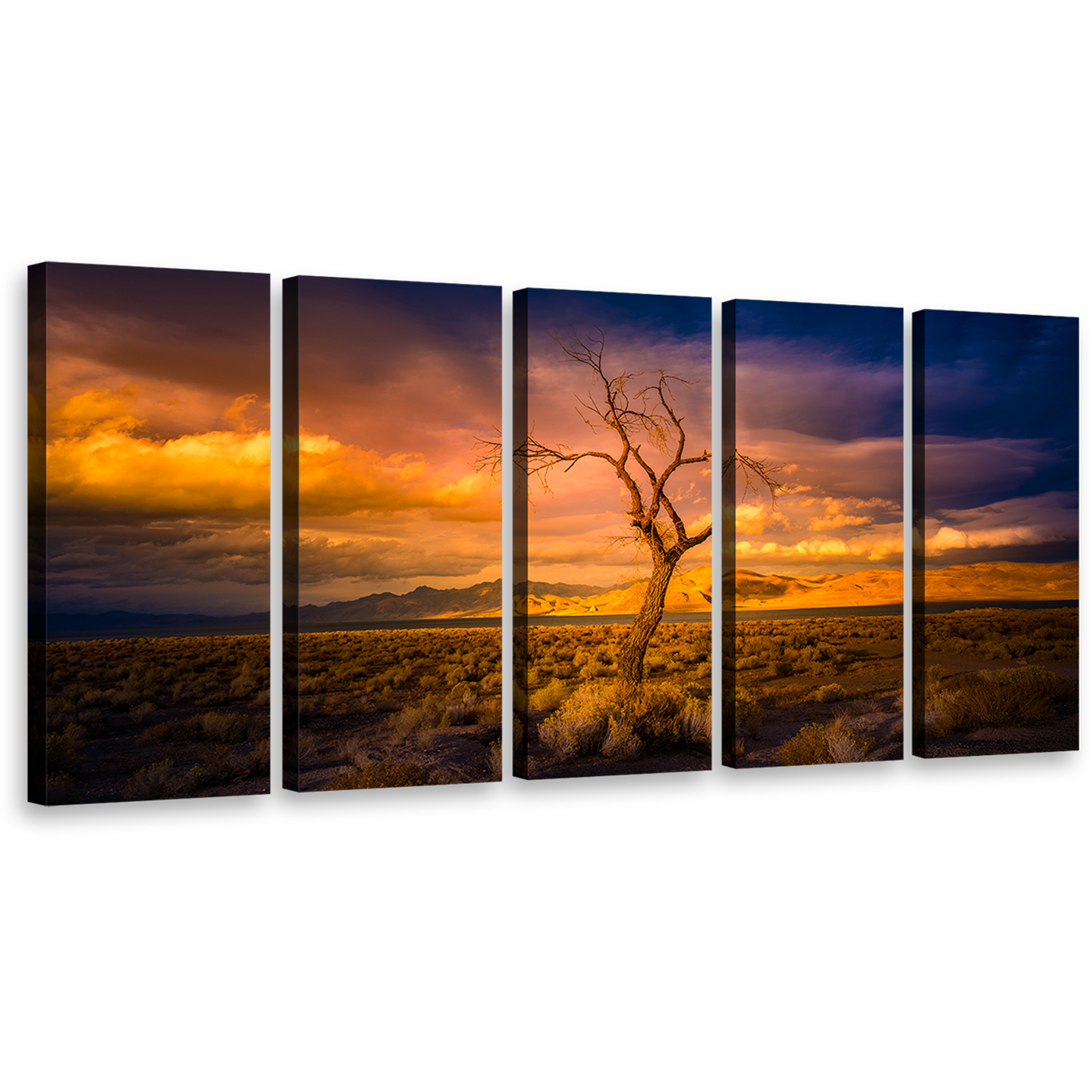 Pyramid Nevada Canvas Wall Art, Yellow Orange Desert Sky 5 Piece Canvas Set, Beautiful Alone Tree at Sunset Canvas Print