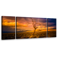 Load image into Gallery viewer, Pyramid Nevada Wall Art, Orange Yellow Sunset Desert Sky 3 Piece Canvas Print, Beautiful Alone Tree Triptych Canvas Set

