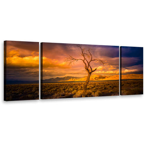 Pyramid Nevada Wall Art, Orange Yellow Sunset Desert Sky 3 Piece Canvas Print, Beautiful Alone Tree Triptych Canvas Set