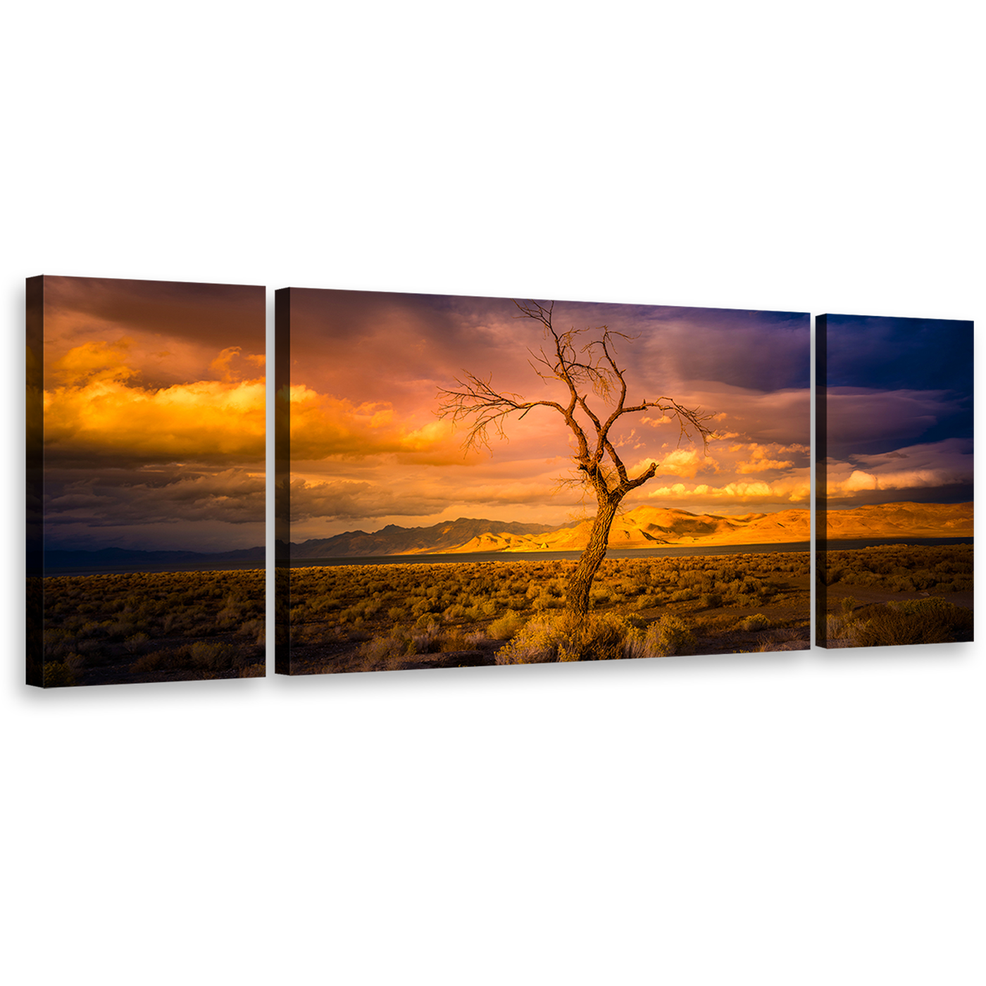 Pyramid Nevada Wall Art, Orange Yellow Sunset Desert Sky 3 Piece Canvas Print, Beautiful Alone Tree Triptych Canvas Set