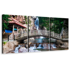 Load image into Gallery viewer, Qingdao Scenery Canvas Wall Art, China Waterfall Brown Wooden Bridge Canvas Artwork, Green Shandong Nature 3 Piece Canvas Print
