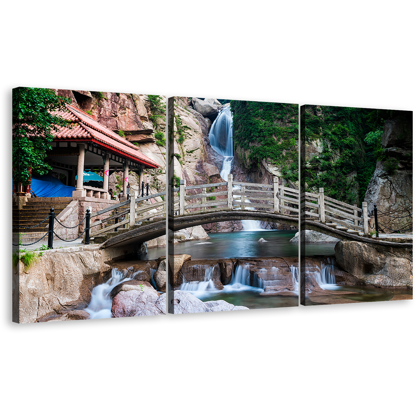 Qingdao Scenery Canvas Wall Art, China Waterfall Brown Wooden Bridge Canvas Artwork, Green Shandong Nature 3 Piece Canvas Print