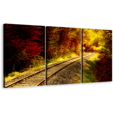 Load image into Gallery viewer, Railroad Tracks Canvas Wall Art, Yellow Tracks Forest Sunshine Triptych Canvas Print, Red Autumnal Forest 3 Piece Multi Canvas
