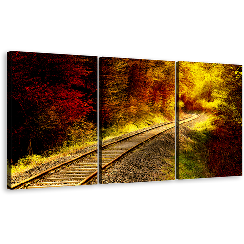 Railroad Tracks Canvas Wall Art, Yellow Tracks Forest Sunshine Triptych Canvas Print, Red Autumnal Forest 3 Piece Multi Canvas