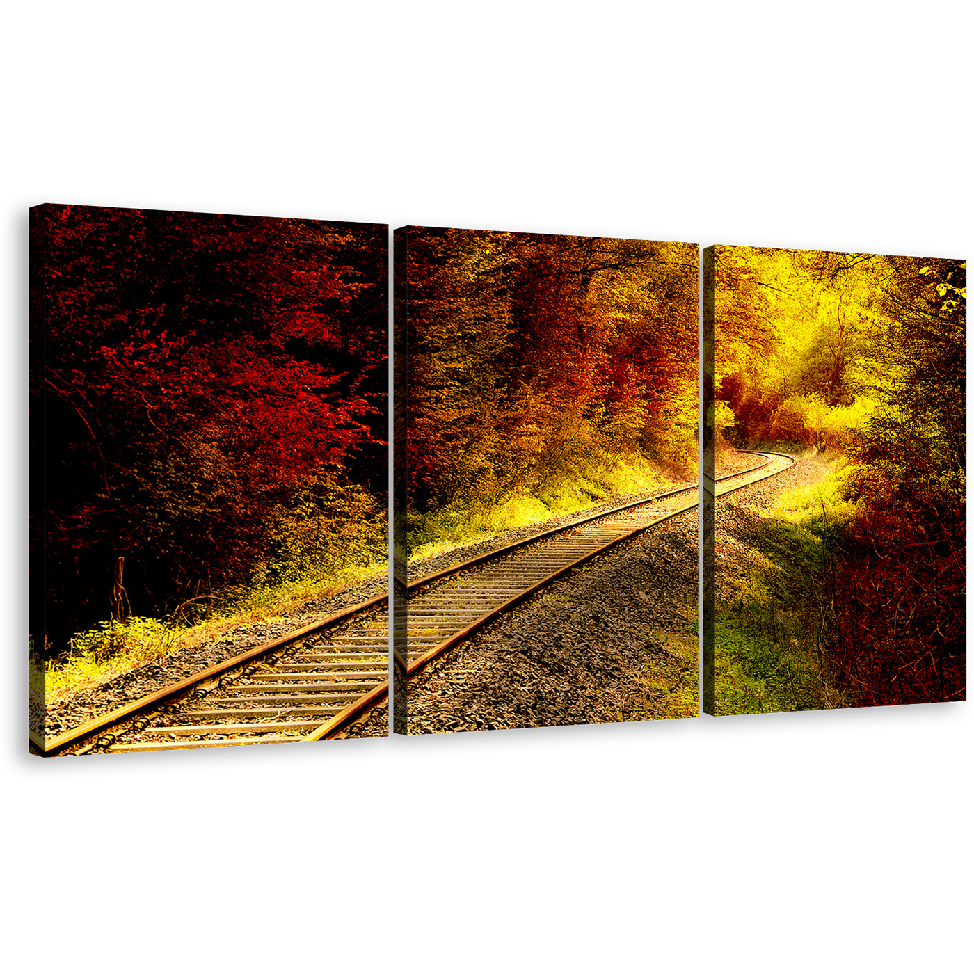 Railroad Tracks Canvas Wall Art, Yellow Tracks Forest Sunshine Triptych Canvas Print, Red Autumnal Forest 3 Piece Multi Canvas