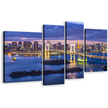 Load image into Gallery viewer, Rainbow Bridge Canvas Print, Japan Blue Sky Cityscape Multi Canvas, Tokyo Bay Yellow City Bridge Skyline 4 Piece Wall Art
