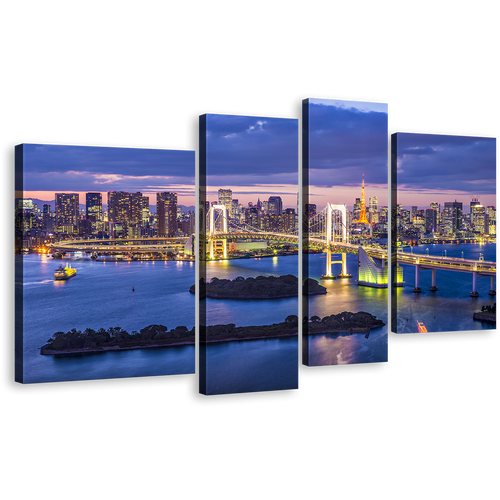 Rainbow Bridge Canvas Print, Japan Blue Sky Cityscape Multi Canvas, Tokyo Bay Yellow City Bridge Skyline 4 Piece Wall Art