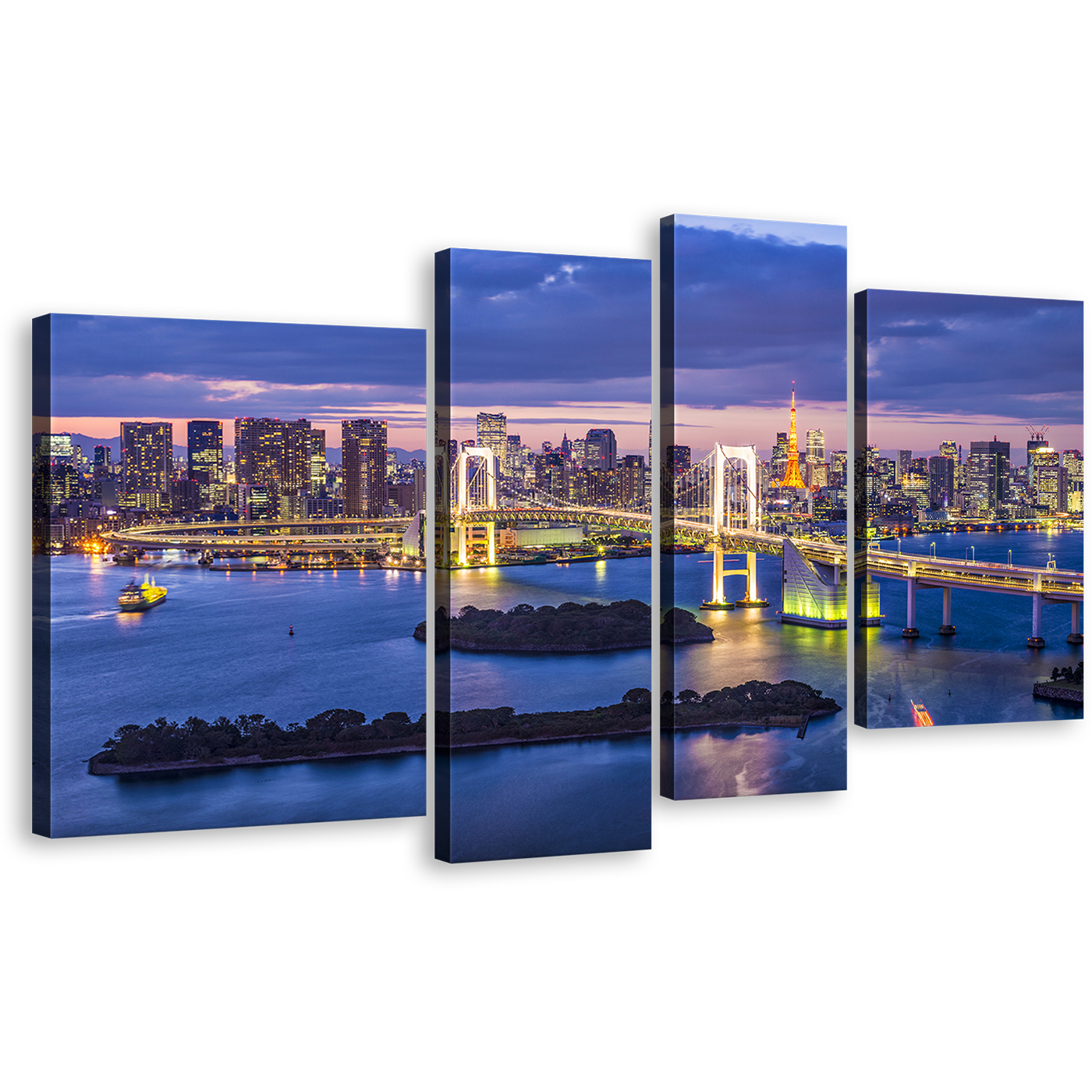 Rainbow Bridge Canvas Print, Japan Blue Sky Cityscape Multi Canvas, Tokyo Bay Yellow City Bridge Skyline 4 Piece Wall Art