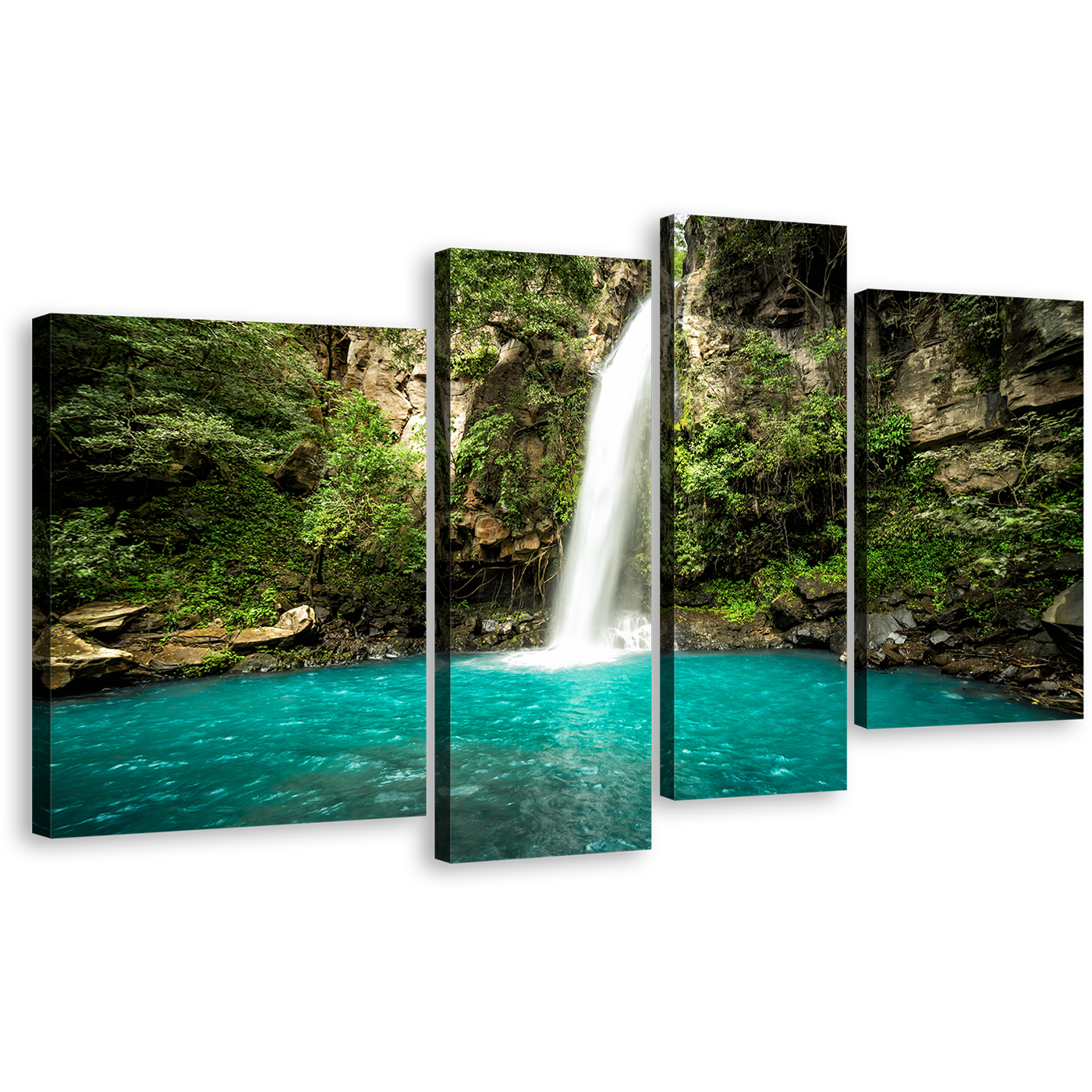 Rainforest Waterfall Canvas Print, Guanacaste Green Forest Waterfall 4 Piece Canvas, Jungle of Costa Rica Canvas Set, White Waterfall Scenery Canvas Wall Art