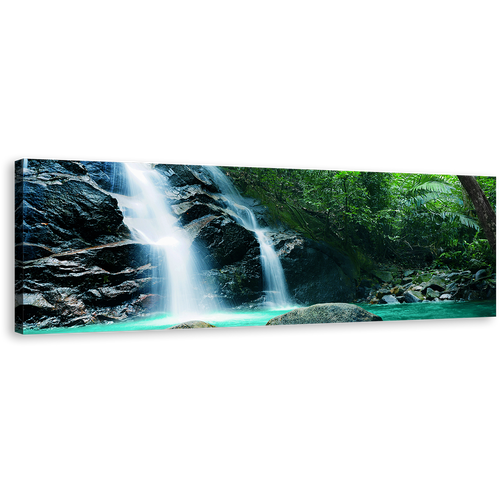 Rainforest Waterfall Canvas Wall Art, Amazing Green Tropical Forest Canvas Print, Beautiful Nature White Waterfall 1 Piece Canvas Artwork