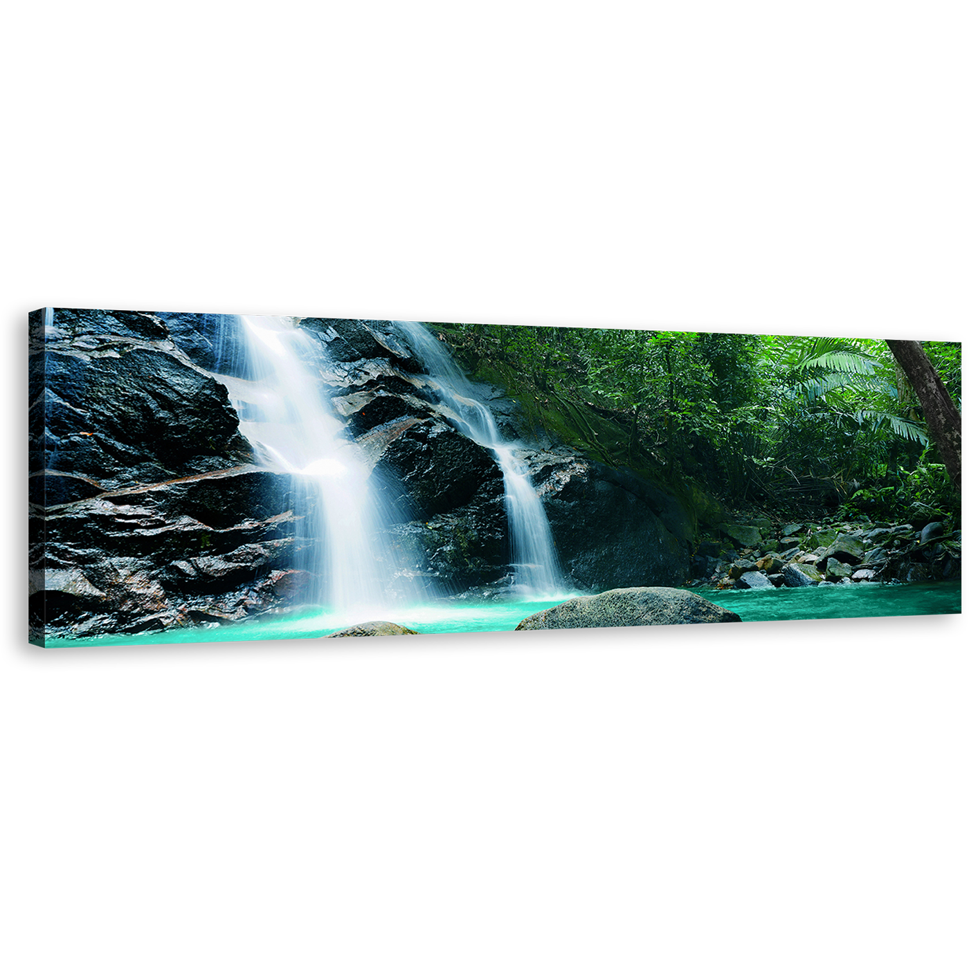 Rainforest Waterfall Canvas Wall Art, Amazing Green Tropical Forest Canvas Print, Beautiful Nature White Waterfall 1 Piece Canvas Artwork