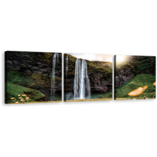 Load image into Gallery viewer, Rainforest Waterfall Canvas Wall Art, Seljalandsfoss Falls Green Nature Canvas Print, Yellow Sunset Iceland landscape Waterfall 3 Piece Canvas Set
