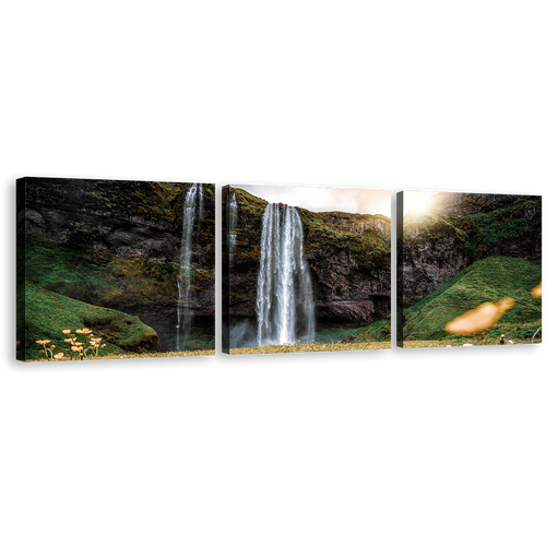 Rainforest Waterfall Canvas Wall Art, Seljalandsfoss Falls Green Nature Canvas Print, Yellow Sunset Iceland landscape Waterfall 3 Piece Canvas Set