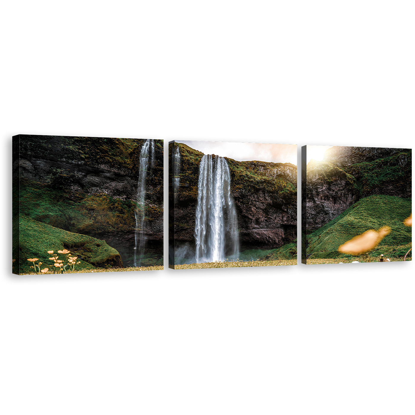 Rainforest Waterfall Canvas Wall Art, Seljalandsfoss Falls Green Nature Canvas Print, Yellow Sunset Iceland landscape Waterfall 3 Piece Canvas Set