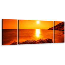 Load image into Gallery viewer, Rayong Ocean Canvas Print, Yellow Sky Ocean Landscape 3 Piece Canvas Print, Thailand Orange Ocean Rocks Multiple Canvas
