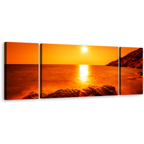 Rayong Ocean Canvas Print, Yellow Sky Ocean Landscape 3 Piece Canvas Print, Thailand Orange Ocean Rocks Multiple Canvas