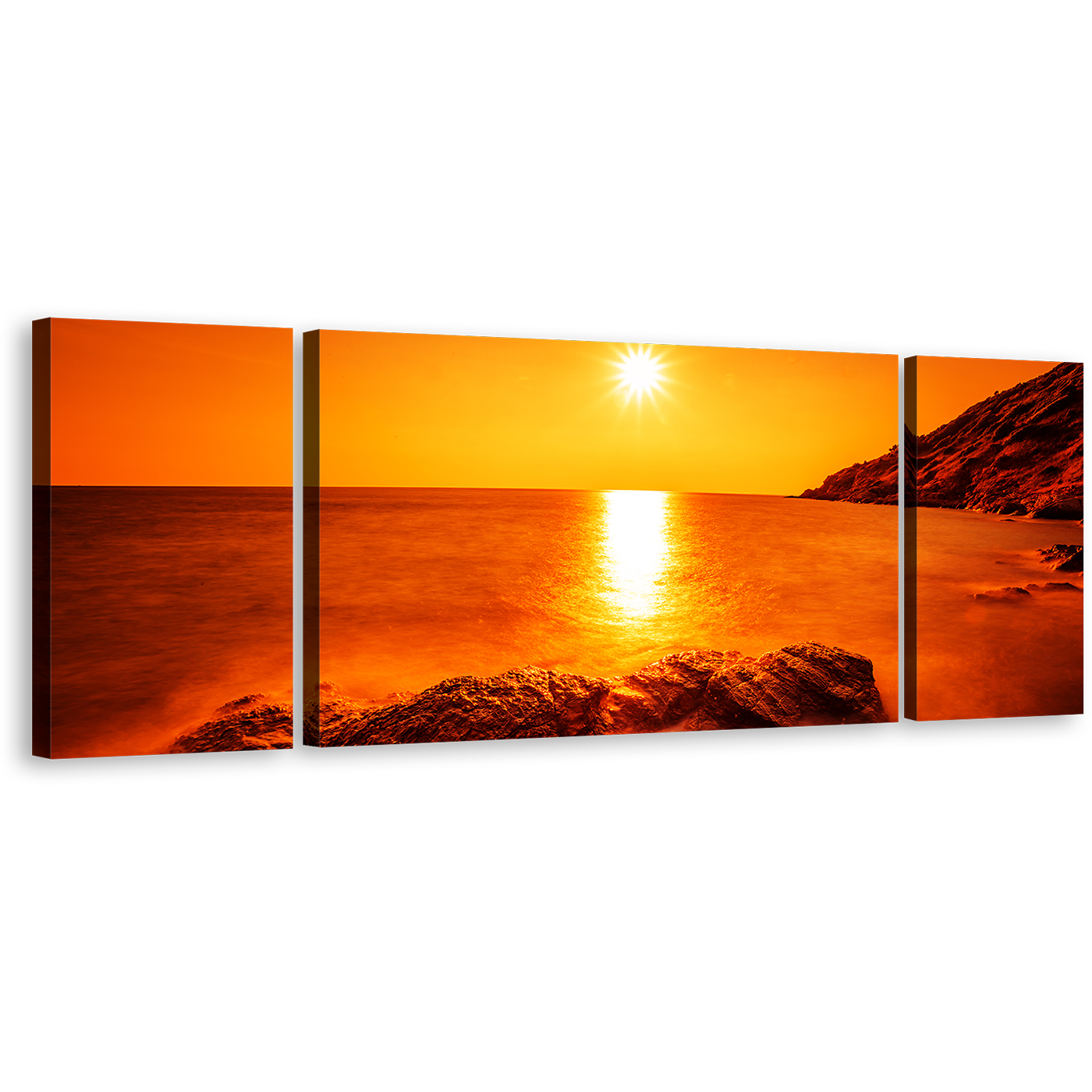 Rayong Ocean Canvas Print, Yellow Sky Ocean Landscape 3 Piece Canvas Print, Thailand Orange Ocean Rocks Multiple Canvas