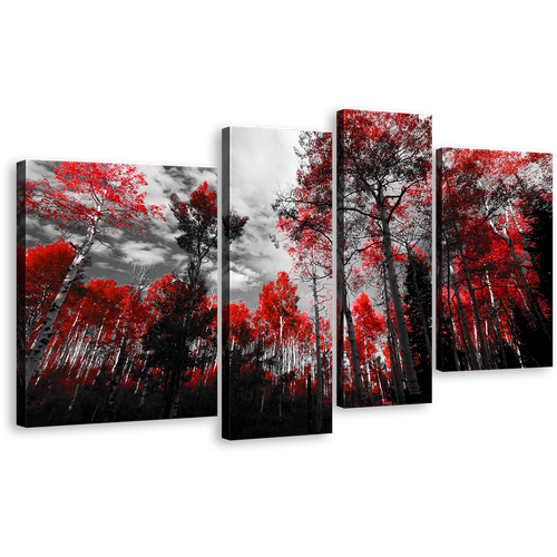 Red Scenery Canvas Wall Art, Black and White Sky Canvas Print, Colorado Forest Trees 4 Piece Canvas