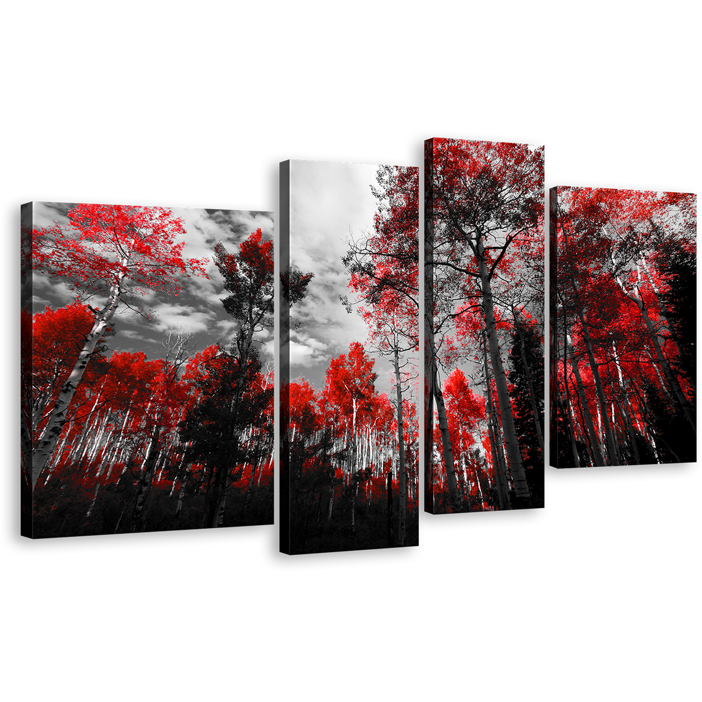 Red Scenery Canvas Wall Art, Black and White Sky Canvas Print, Colorado Forest Trees 4 Piece Canvas