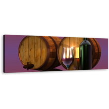 Load image into Gallery viewer, Red Wine Wall Art, Wine Glass Bottle Panorama Canvas Art, Drinks Barrels Purple Background Canvas Print
