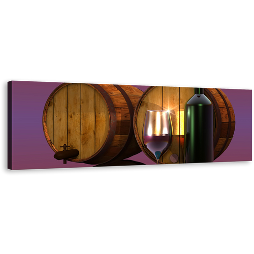 Red Wine Wall Art, Wine Glass Bottle Panorama Canvas Art, Drinks Barrels Purple Background Canvas Print