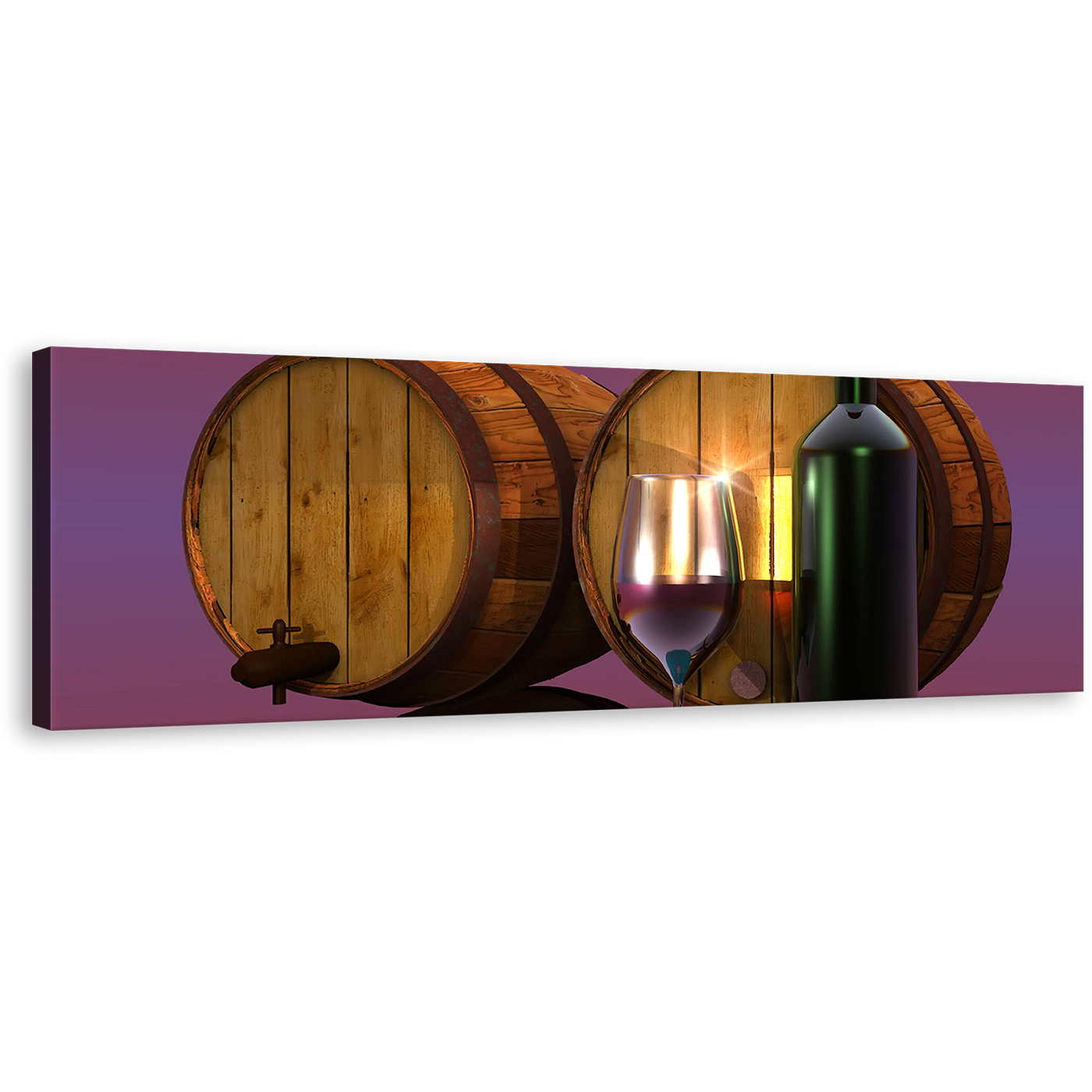 Red Wine Wall Art, Wine Glass Bottle Panorama Canvas Art, Drinks Barrels Purple Background Canvas Print