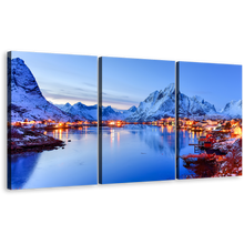 Load image into Gallery viewer, Reine Village Canvas Wall Art, City Mountain Multiple Canvas, Orange Lofoten Islands 3 Piece Canvas Set, Norway Winter Blue Sky Triptych Canvas Print
