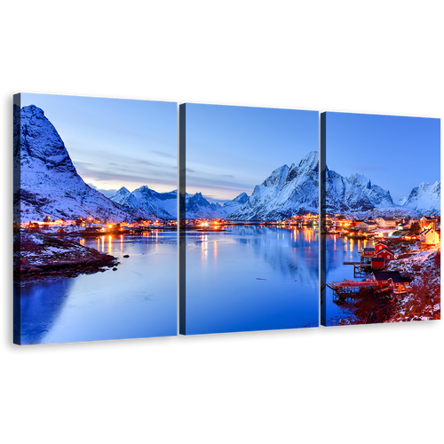 Reine Village Canvas Wall Art, City Mountain Multiple Canvas, Orange Lofoten Islands 3 Piece Canvas Set, Norway Winter Blue Sky Triptych Canvas Print