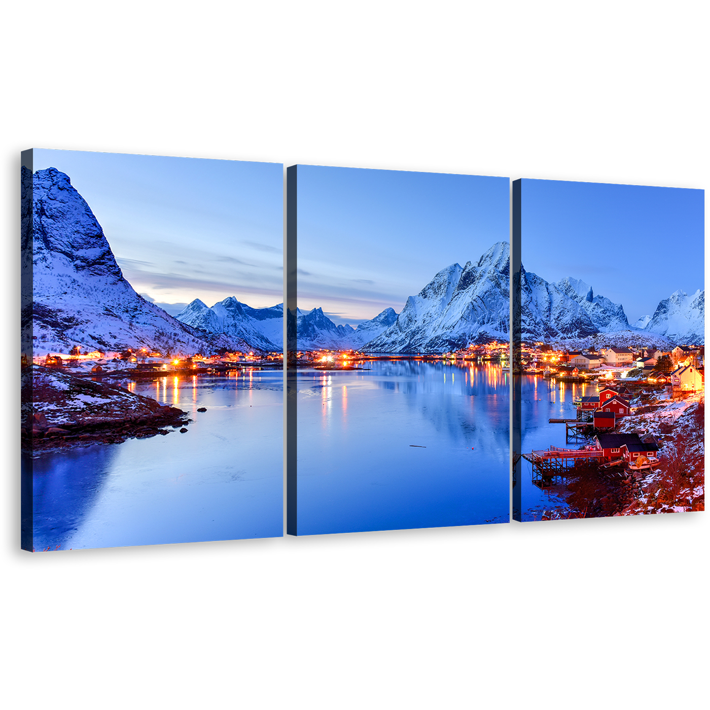 Reine Village Canvas Wall Art, City Mountain Multiple Canvas, Orange Lofoten Islands 3 Piece Canvas Set, Norway Winter Blue Sky Triptych Canvas Print