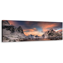 Load image into Gallery viewer, Reinevagen Mountains Canvas Print, Snowy Grey City Mountains Bay 1 Piece Canvas, Lofoten Norway Orange Sunset Wall Art
